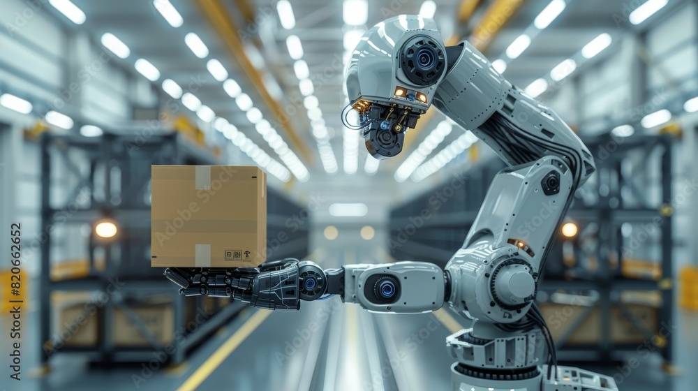 Fototapeta premium Modern completely black logistic unloading robot arm holding a box, with details wires and gears in white hangar. Generative AI.