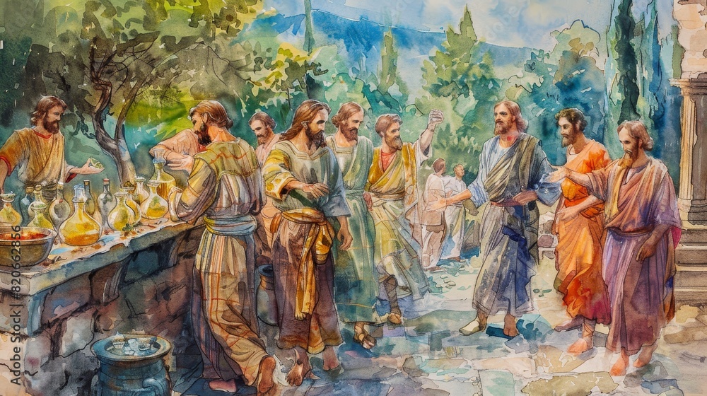 custom made wallpaper toronto digitalWatercolor Biblical Illustration of The Wedding at Cana with Jesus Turning Water into Wine, Ideal for Themes of Transformation and Miracles