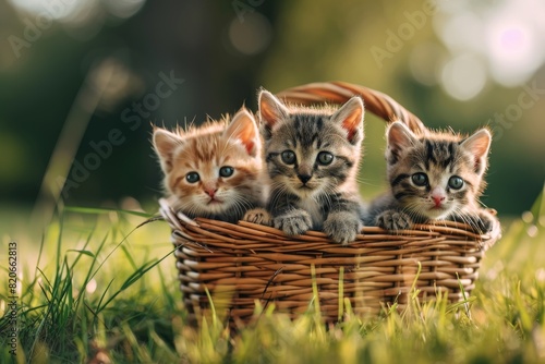Three little kittens in a wicker basket on green grass, AI generated