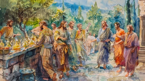 Watercolor Biblical Illustration of The Wedding at Cana with Jesus Turning Water into Wine, Ideal for Themes of Transformation and Miracles