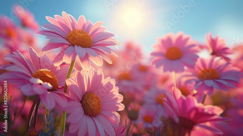 Beautiful Floral Background. Bottom View on a Gentle Purple Daisy Flowers in Bright Sunny Day. 