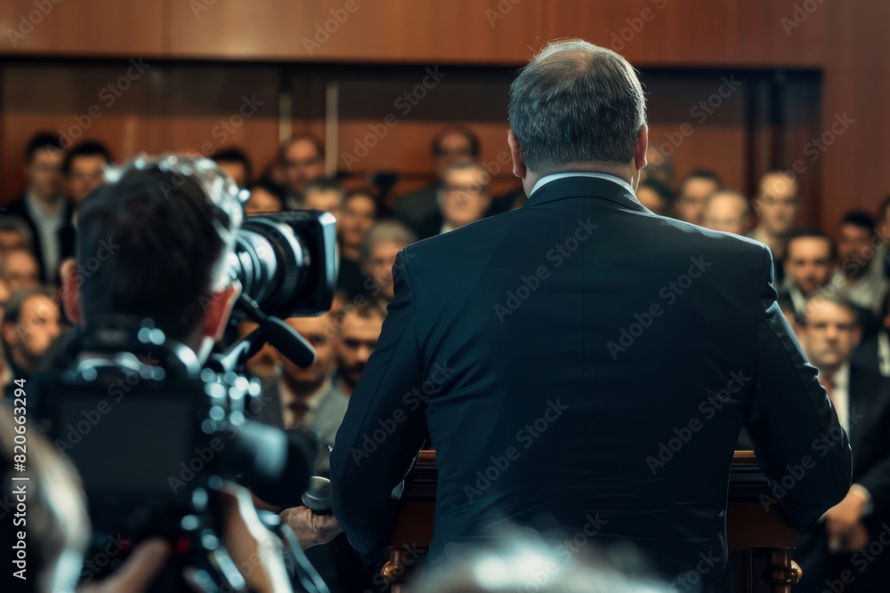 A man in a suit stands behind a podium in front of a crowd A man in a suit stands behind a podium in front of a crowd
