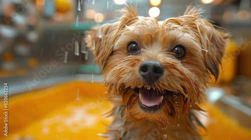 Cheerful Pet Groomer Bathing Fluffy Dog in Well-Equipped Salon yorkshire terrier portrait