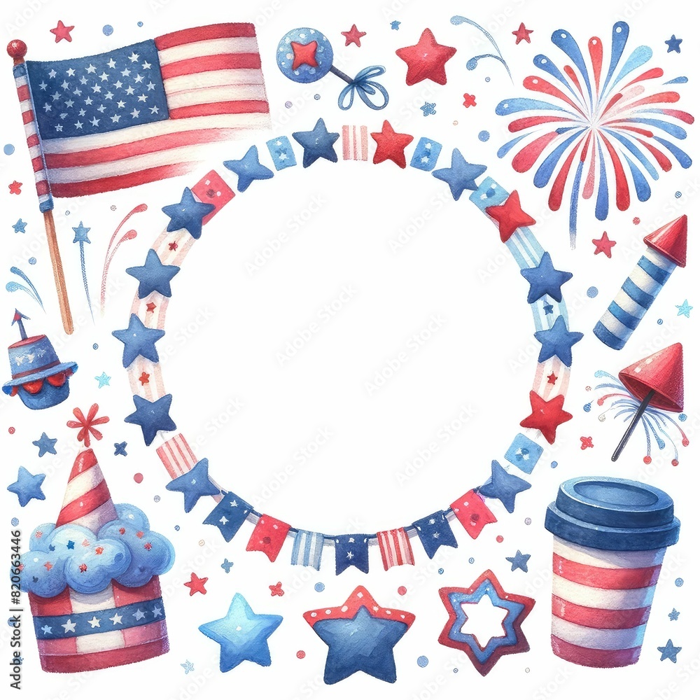 Obraz premium Fourth of July themed border and frame. watercolor illustration, Perfect for nursery art, simple clipart, single object, white color background.