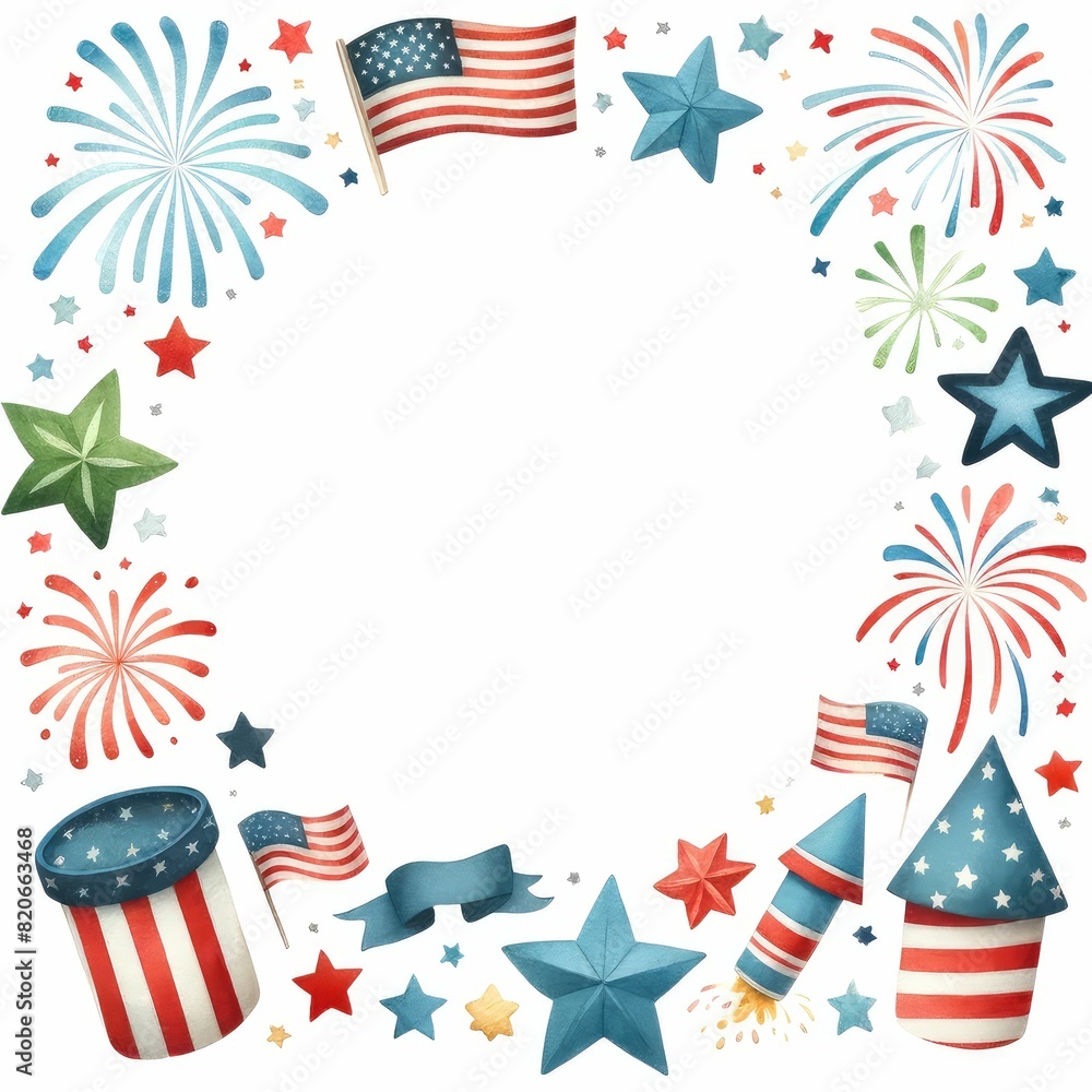 Obraz premium Fourth of July themed border and frame. watercolor illustration, Perfect for nursery art, simple clipart, single object, white color background.