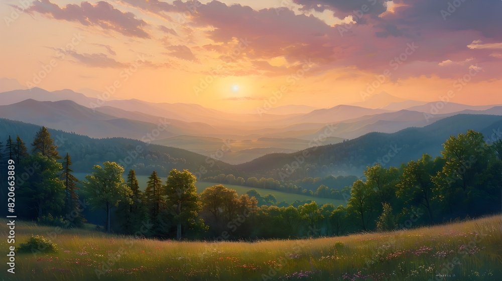 Majestic sunrise over rolling hills in vivid oil paints with warm hues and intricate details of trees and distant mountains