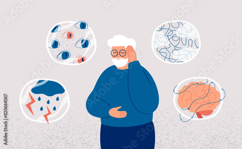 Dementia and Alzheimer's Disease concept. Elderly man surrounded by symptoms of brain disorder. Mental health of senior people and prevention neurodegeneration illness. Vector illustration