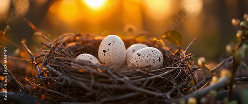 A natural bird's nest with speckled eggs captured in the warm light of the golden hour