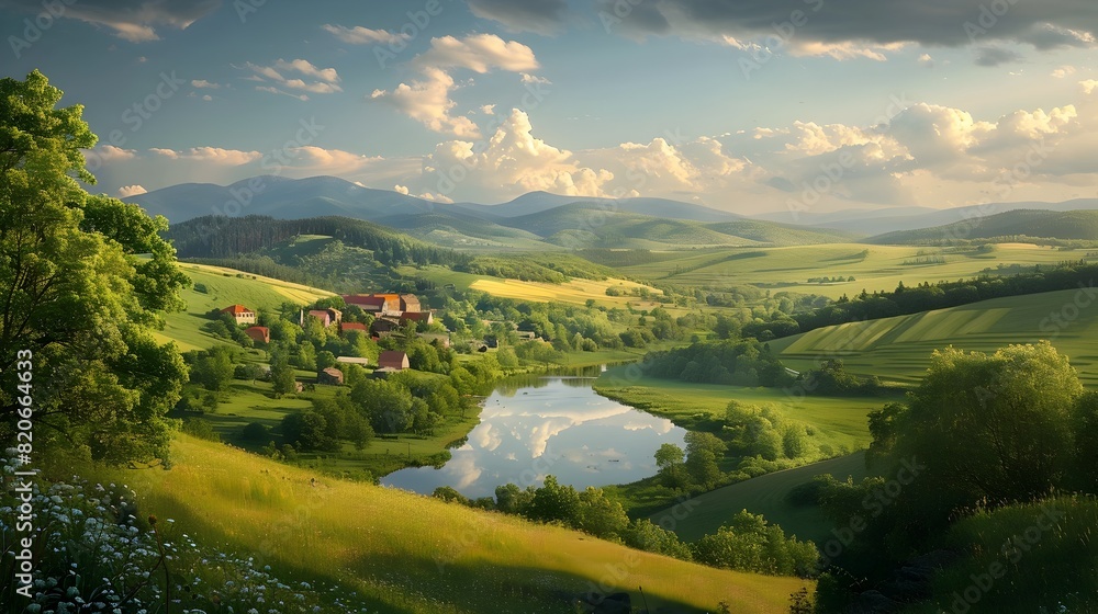 Serene Countryside Landscape with Picturesque Rolling Hills,Winding River,and Quaint Village Nestled in Natural Embrace
