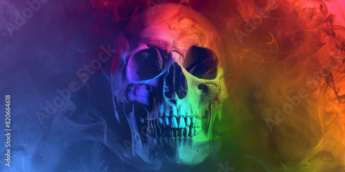 A colorful skull with smoke surrounding it