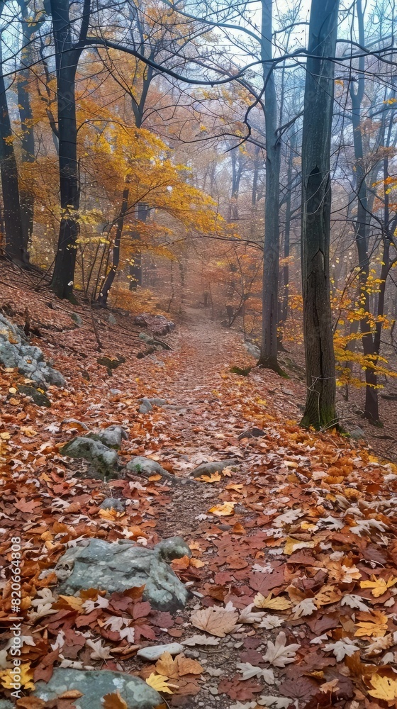 The path in the autumn forest is covered with colorful fallen leaves.