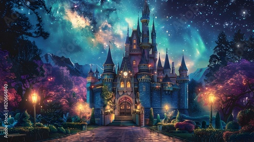 Enchanting Fairytale Castle Under Shimmering Aurora Borealis in Starry Night Sky photo