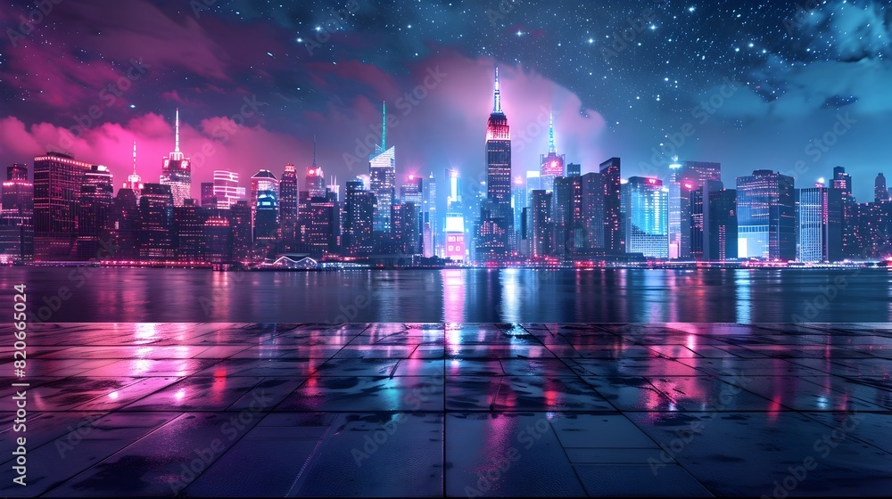 Stunning Nighttime Urban Skyline with Glowing Skyscrapers Reflected in Tranquil River Below Stunning Nighttime Urban Skyline with Glowing Skyscrapers Reflected in Tranquil River Below
