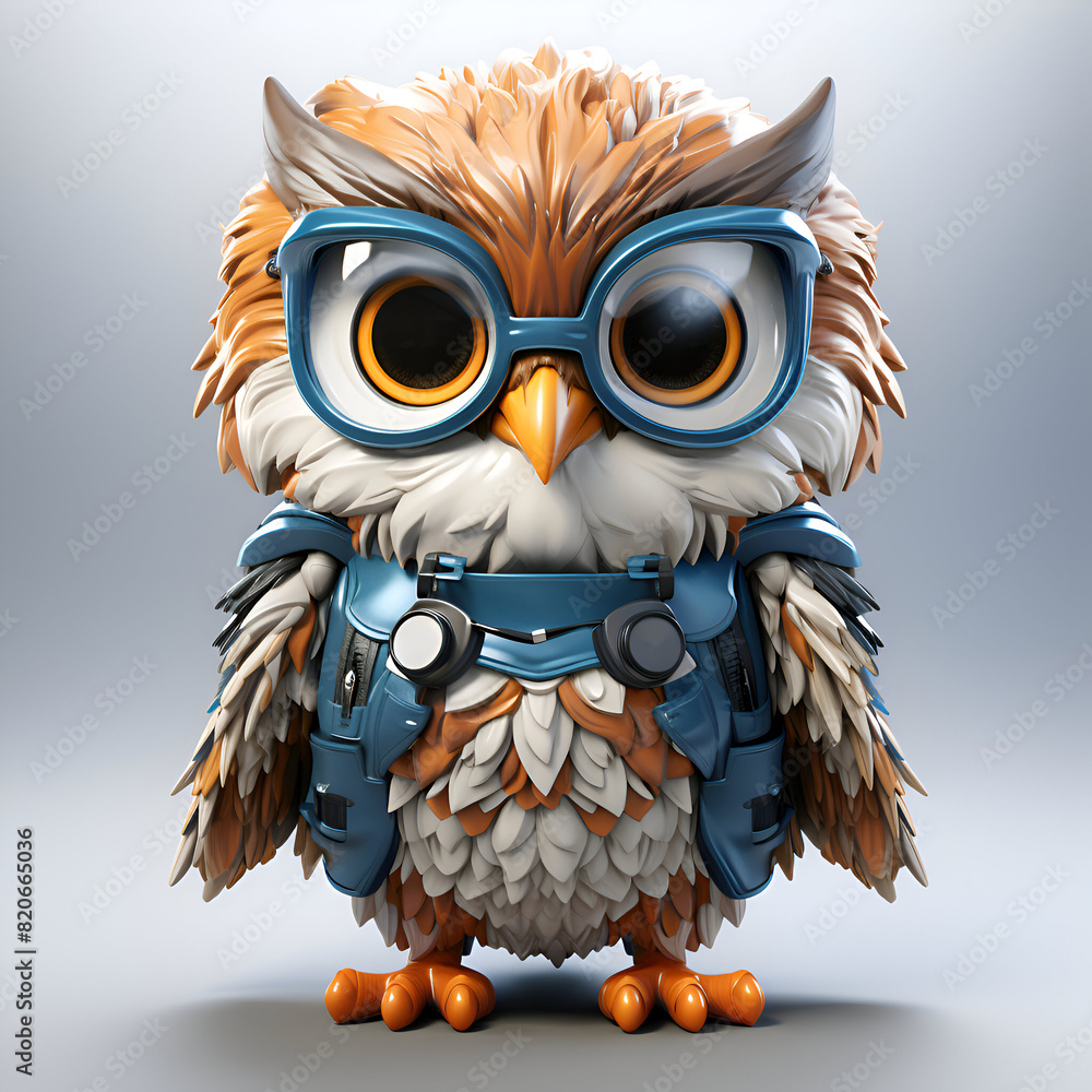 Fototapeta premium Cute owl wearing glasses and a helmet. 3d illustration.