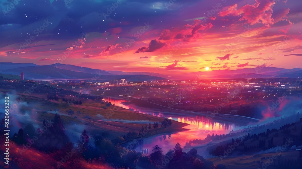 Breathtaking Panorama of Serene Countryside at Sunset Transitioning to Vibrant Cityscape at Night Breathtaking Panorama of Serene Countryside at Sunset Transitioning to Vibrant Cityscape at Night