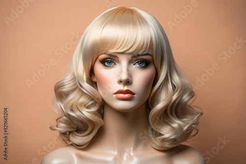 Mannequin in blond Wig. beautiful plastic girl with makeup