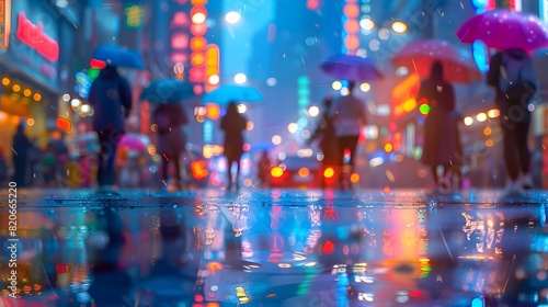 Lively Rainy City Street Scene with Neon Lights and Vibrant Gradient Background