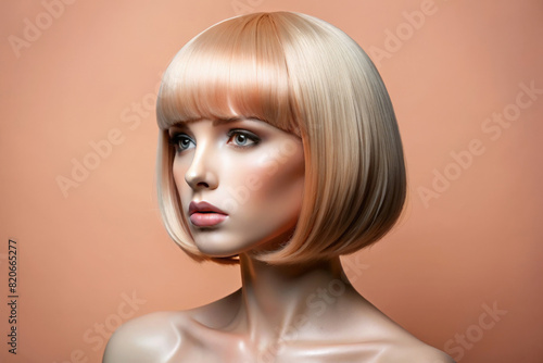 Blond wig on Mannequin over peach color background