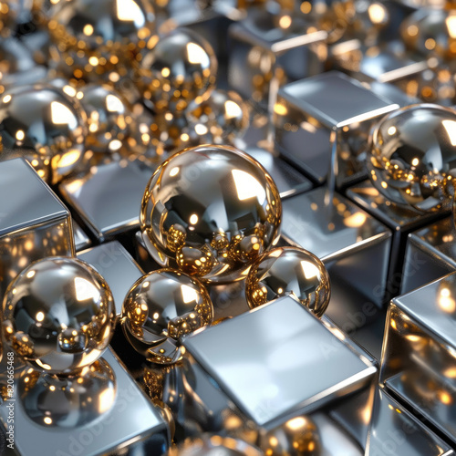 3D gold balls on a background of 3D silver cubes. Creative, geometric design of interior, facade, exhibition space for presentations, sales. Business idea for decorating a building or studio. Modern, 