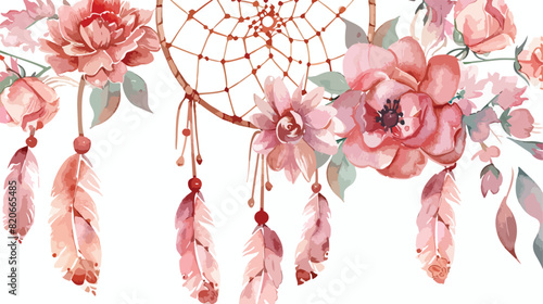 Watercolor dream catcher with pink flower. pink flowe