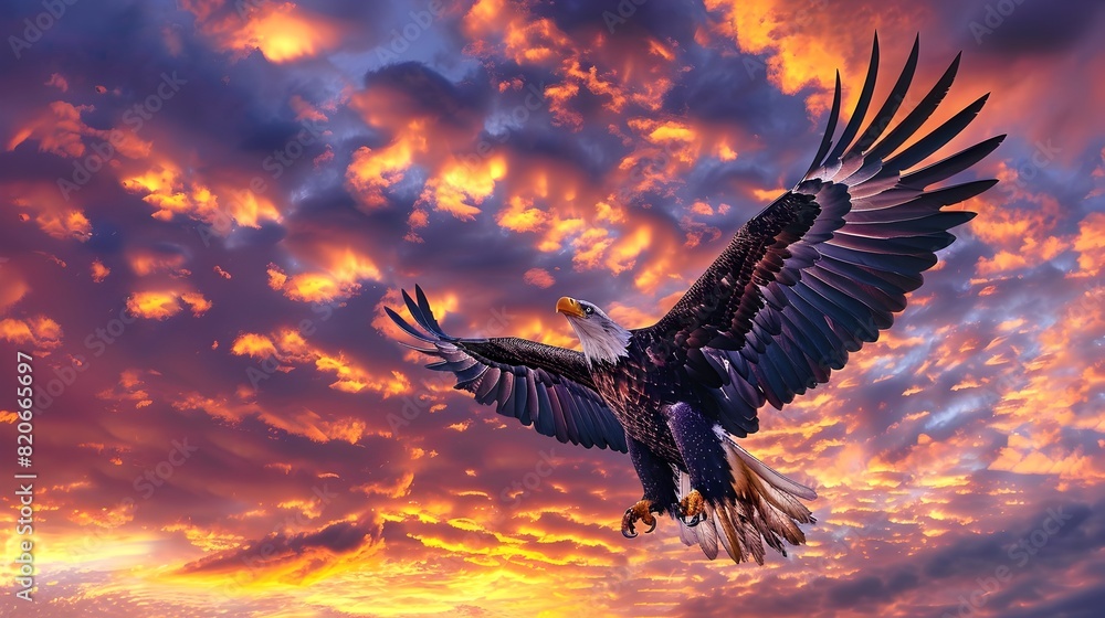 Obraz premium Majestic Eagle Soaring Through Vibrant Sunset Sky With Dramatic Clouds and Brilliant Colors