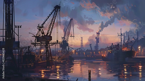 Sunset at the harbor of a city in the North, with dock machinery unloading goods.