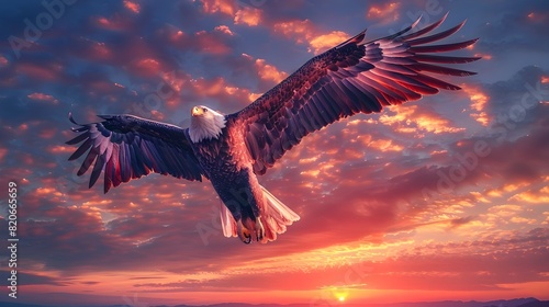 Majestic Eagle in Vibrant Sunset Sky With Dramatic Feathered Wings Soaring