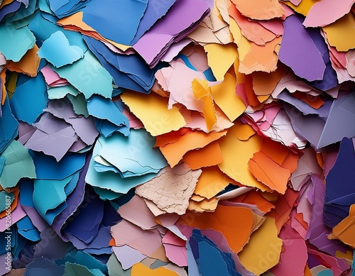 Torn ripped bright colorful paper pieces background photo