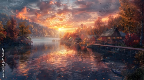 Serene Autumn Sunset over Lakeside Village with Cozy Cottages and Tranquil Pier © TEERAWAT