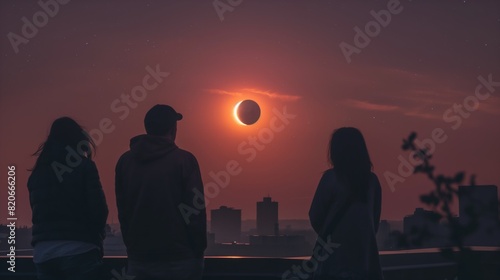 Three friends watching a solar eclipse from rooftop during twilight in city.