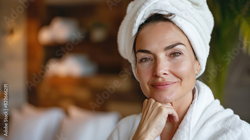 Headshot of happy smiling beautiful middle aged woman wearing bathrobe at spa salon hotel looking at camera. Generative AI