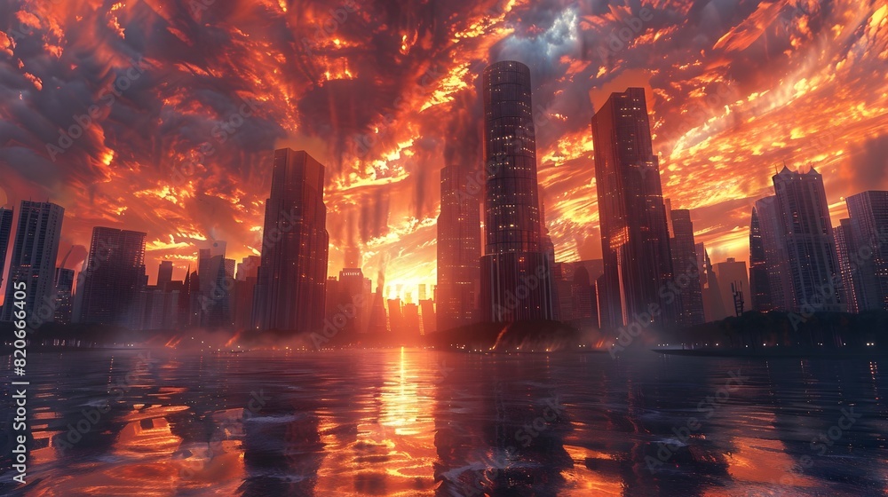 Fototapeta premium Dramatic Cityscape with Fiery Sunset Reflected in River for Dynamic Background Art