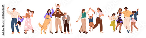 Diverse families celebrate win, event set. Happy people have fun together. Positive parents, couple with funny kids rejoice to success, embrace. Flat isolated vector illustrations on white background