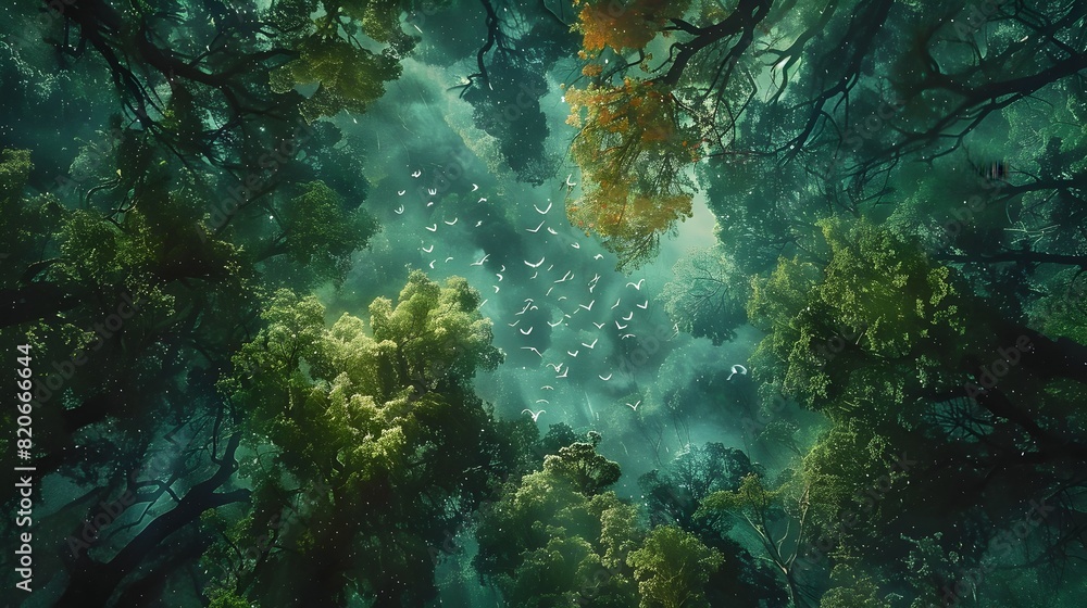 Obraz premium Ethereal Aerial Perspective of Enchanted Forest Canopy with Frolicking Mystical Creatures