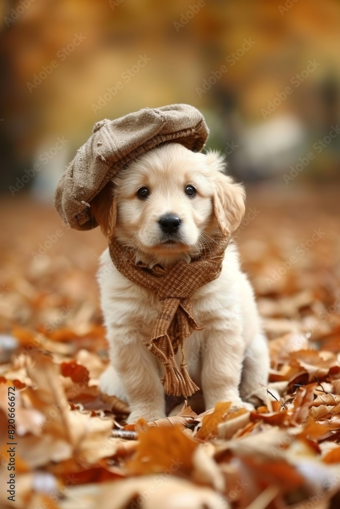 Sweet puppy in hat and scarf on fall themed backdrop with ample room for text insertion Sweet puppy in hat and scarf on fall themed backdrop with ample room for text insertion