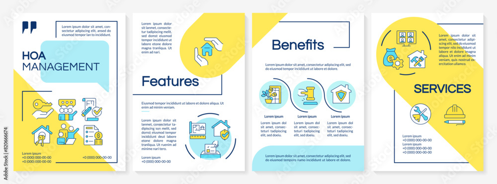 Home owner association benefits blue and yellow brochure template. Leaflet design with linear icons. Editable 4 vector layouts for presentation, annual reports. Questrial, Lato-Regular fonts used