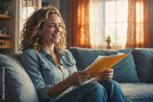 European woman sits on a sofa in living room and reading a document or letter with good news. She is smiling and she is happy. Good news, approval of a bank loan, promotion at work