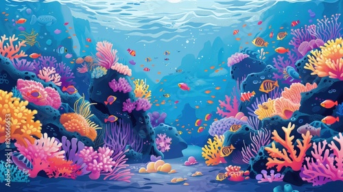 A colorful underwater scene with a variety of fish and coral. Scene is vibrant and lively, with the bright colors of the fish and coral creating a sense of energy and movement © At My Hat