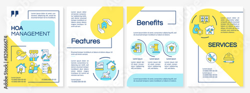 Home owner association benefits blue and yellow brochure template. Leaflet design with linear icons. Editable 4 vector layouts for presentation, annual reports. Questrial, Lato-Regular fonts used photo