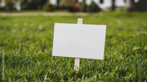 Empty white sign board on a small hill with freshly cut green grass and meadow in the background.Generative AI