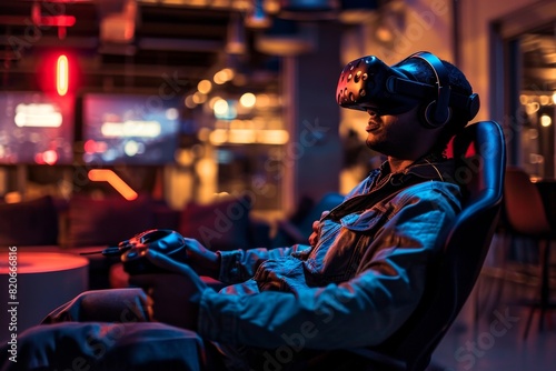 VR gaming experience in a high-end gaming lounge, AI generated © Tanu