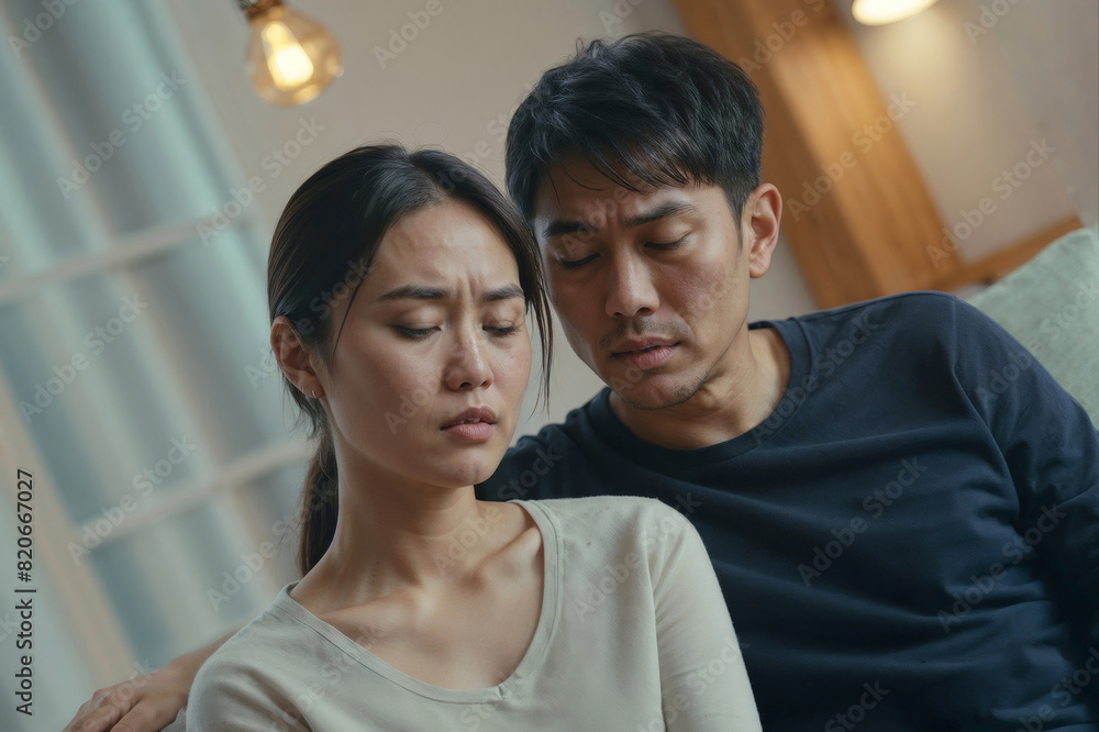 Fototapeta premium Asian couple on sofa lost in thoughts. Relationship concerns, marital issues, unhappy partners