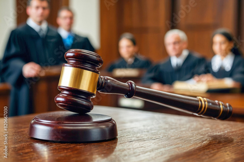 Judge gavel and sounding board on the table against the backdrop of a courtroom with judges. Judge's gavel and sounding board on the table. Law wooden gavel close up