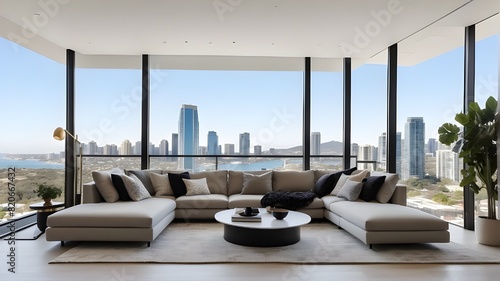 boasts a modern living area with floor to ceiling windows providing stunning views of the city and bay. The clean, minimalist space is furnished with high-end couches. photo