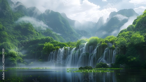 Lush Green Mountain Landscape with Cascading Waterfalls and Misty Atmosphere © TEERAWAT