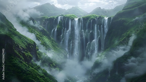 Majestic Waterfall Cascading Through Lush Green Mountains Enveloped in Misty Atmosphere