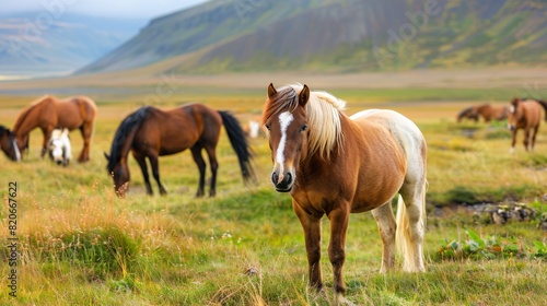 A grazing Icelandic equine of the Icelandic breed in a countryside pasture with domestic animals.
