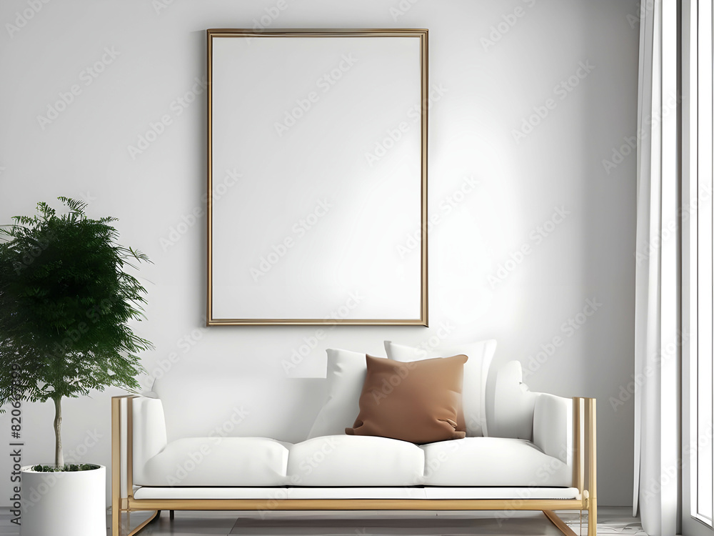 Fototapeta premium Mockup poster frame on the wall. Scandinavian living room with a big template of a picture on the wall would feature a clean, simple design with natural materials and neutral colors. 3d rendering.