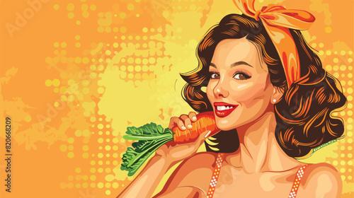 Beautiful pin-up woman with toy carrot on orange background