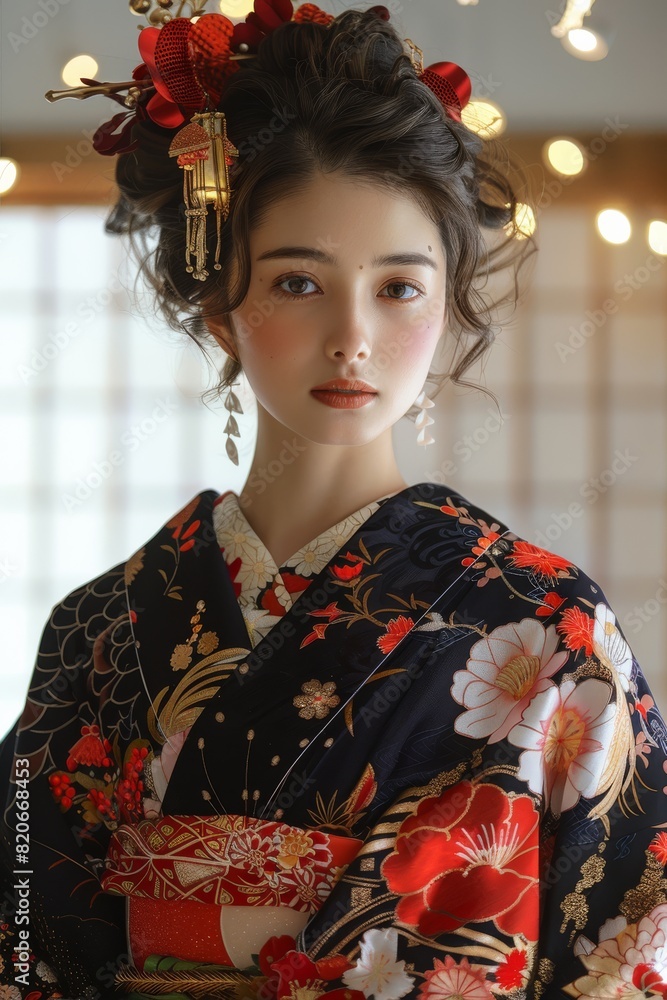 A woman wearing a traditional Japanese kimono with a red and black floral pattern. Generative AI. A woman wearing a traditional Japanese kimono with a red and black floral pattern. Generative AI.